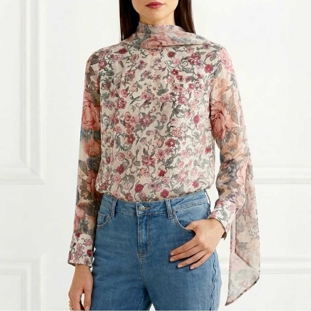 See By Chloe Floral Silk Chiffon Georgette Tie Neck Blouse Size EU 44 / US 10 - Picture 13 of 13